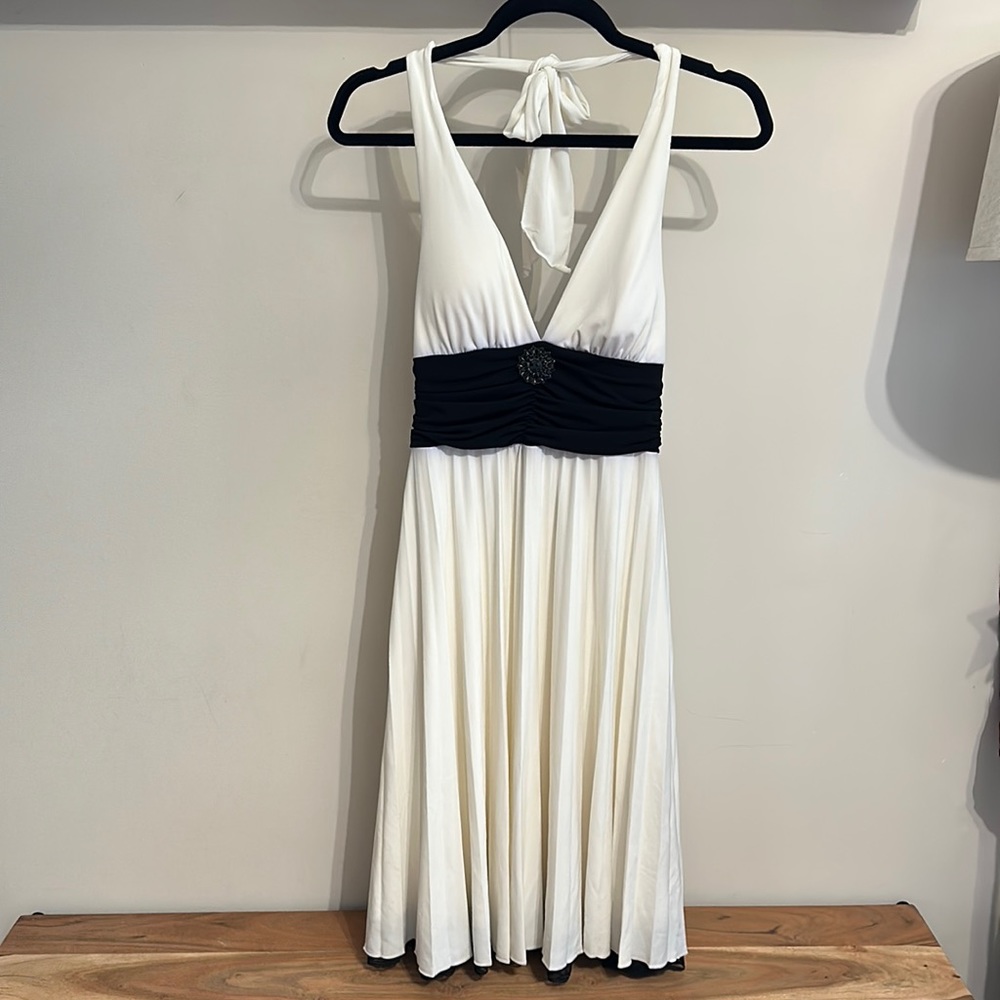 White Pleated Halter Dress with Black Trim